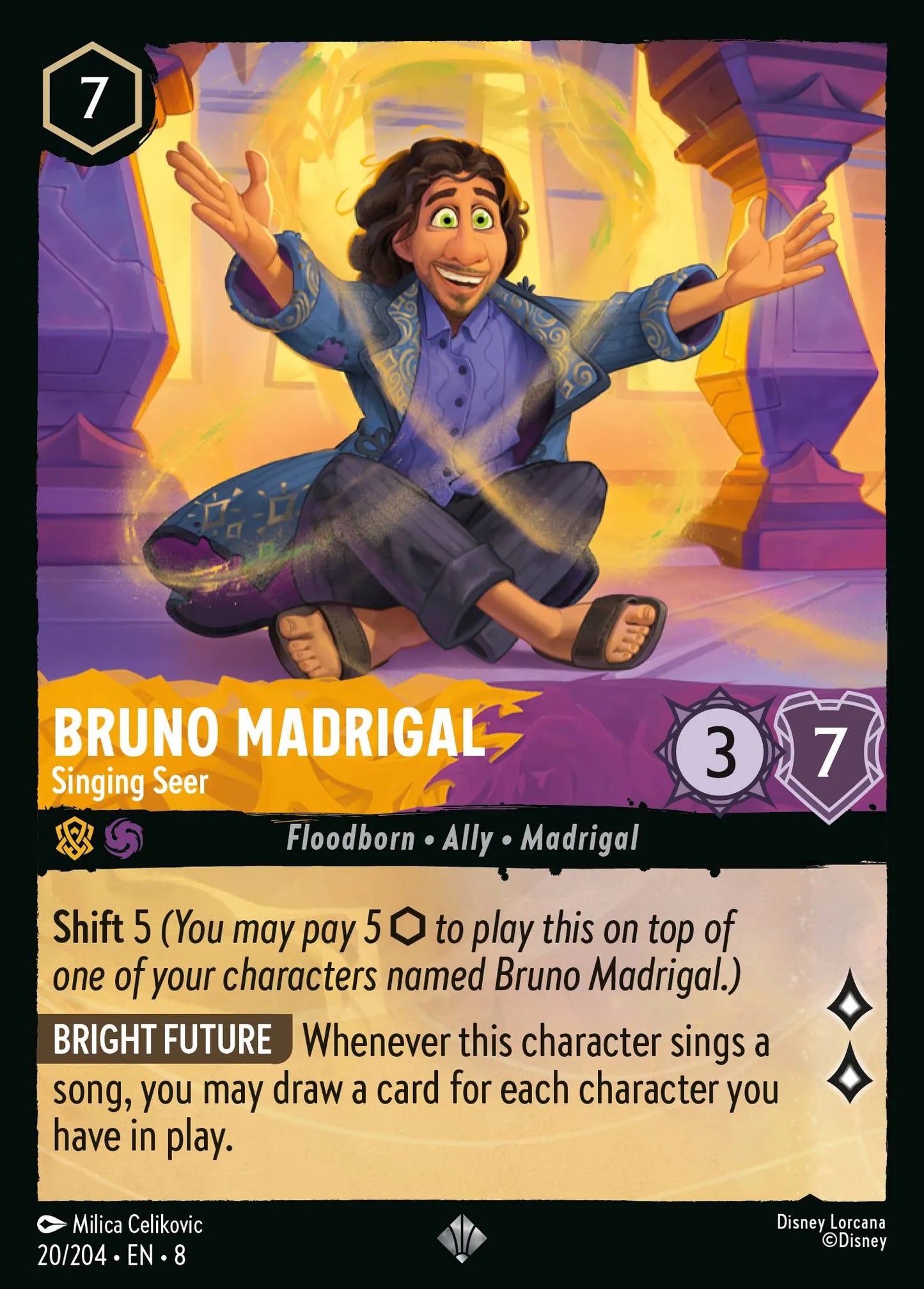 (020/204) Lorcana Reign of Jafar Single: Bruno Madrigal - Singing Seer Holo Super Rare
