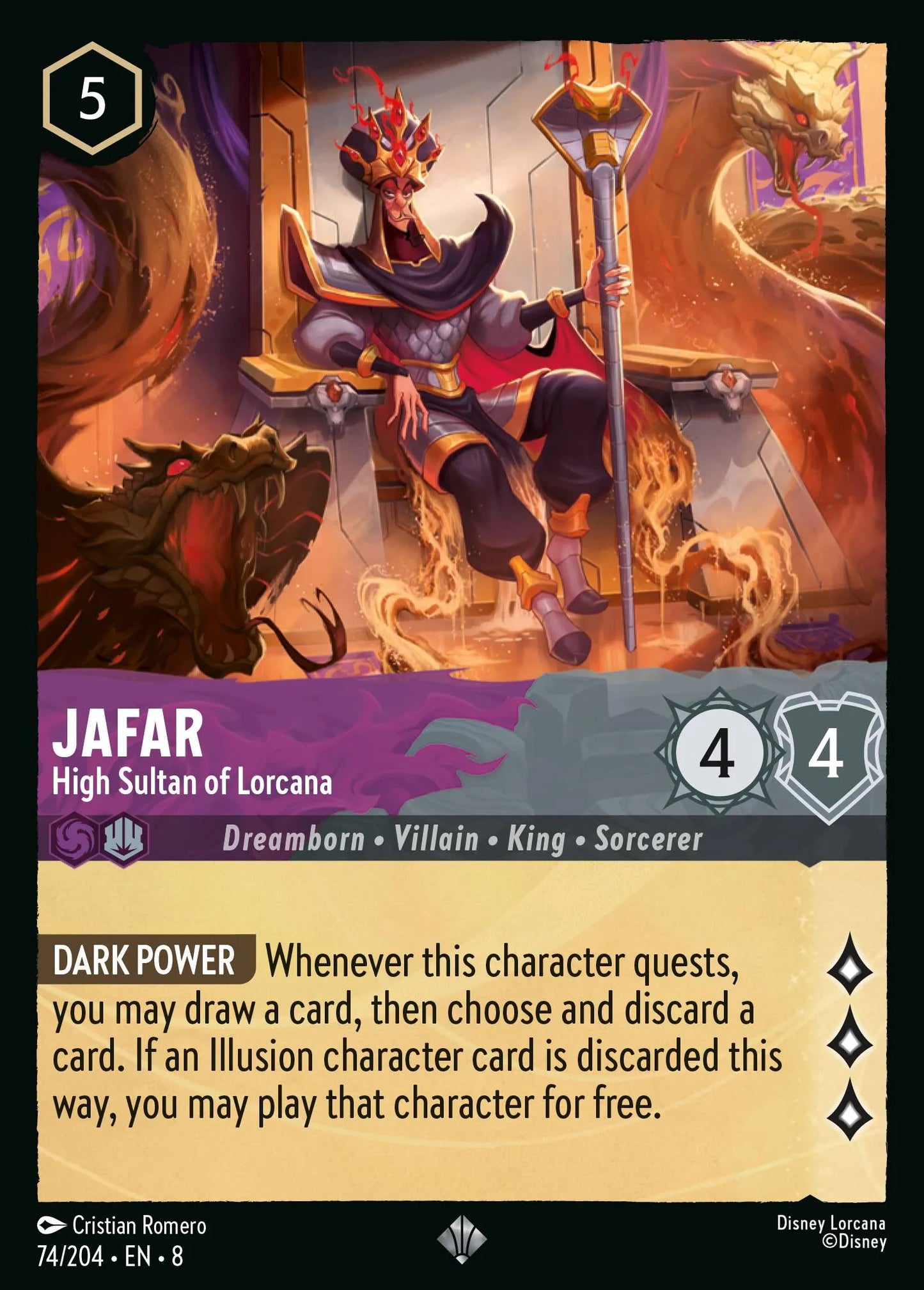 (074/204) Lorcana Reign of Jafar Single: Jafar - High Sultan of Lorcana (V.1) Holo Super Rare