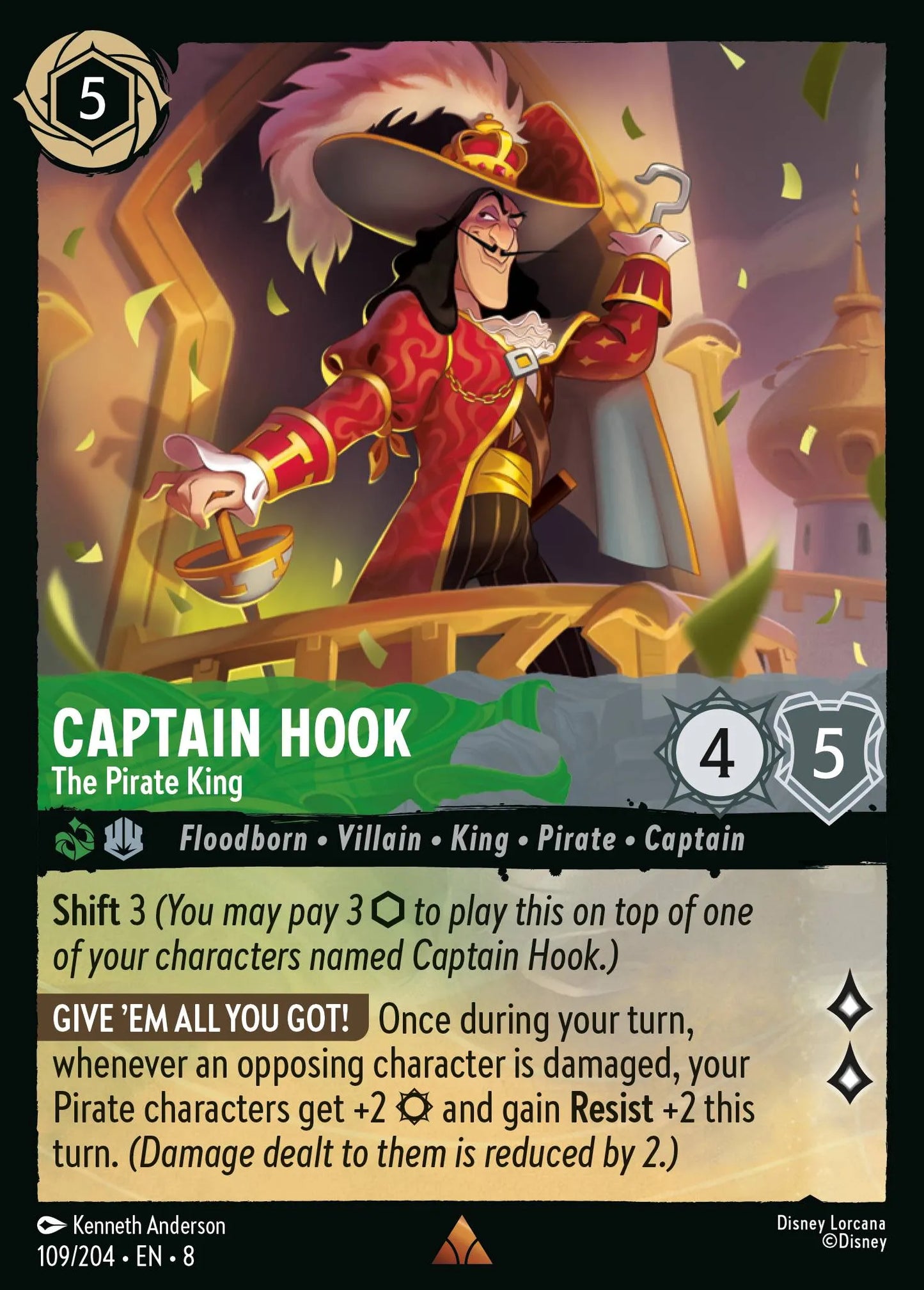 (109/204) Lorcana Reign of Jafar Single: Captain Hook - The Pirate King (V.1) Holo Rare