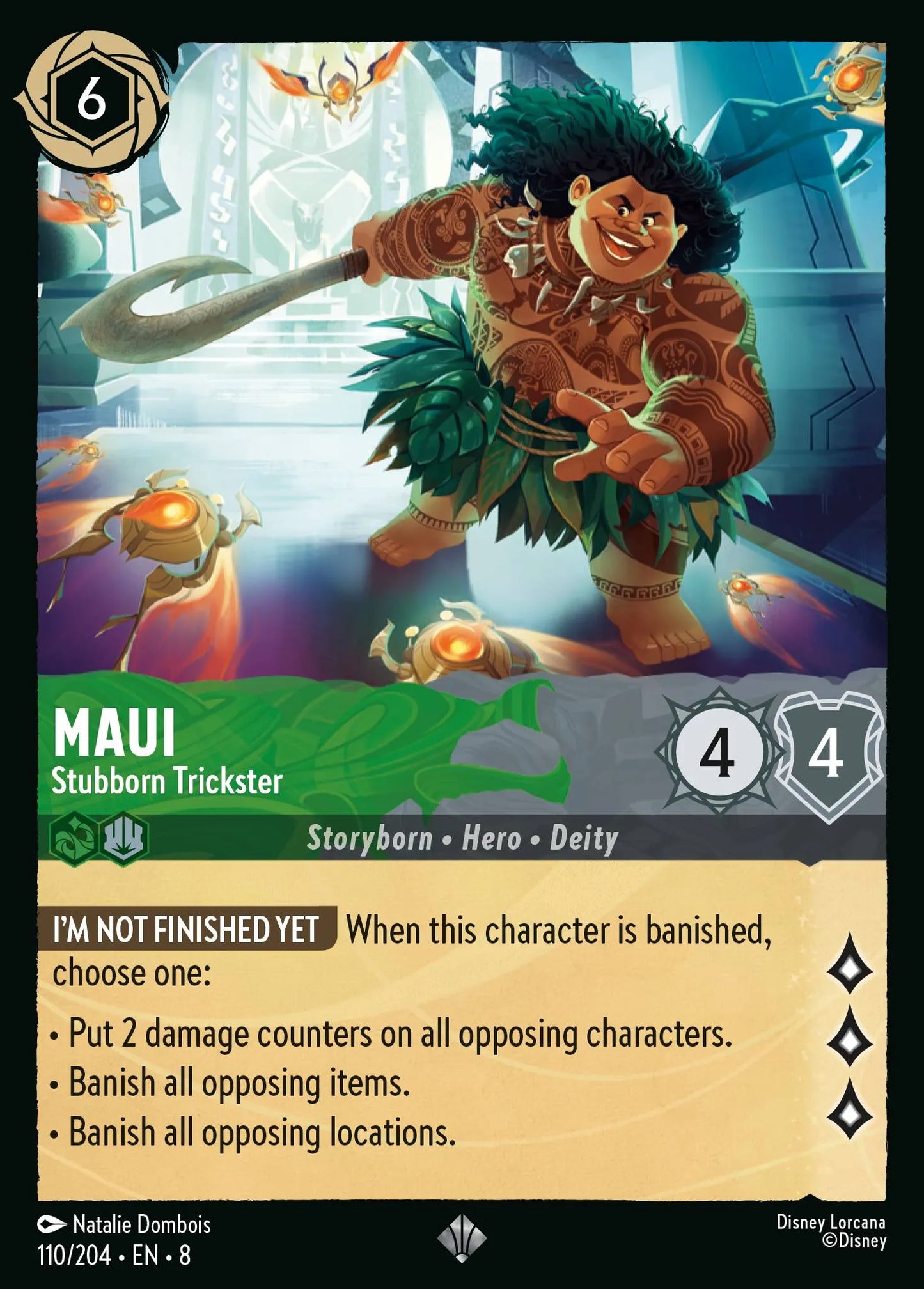 (110/204) Lorcana Reign of Jafar Single: Maui - Stubborn Trickster Holo Super Rare