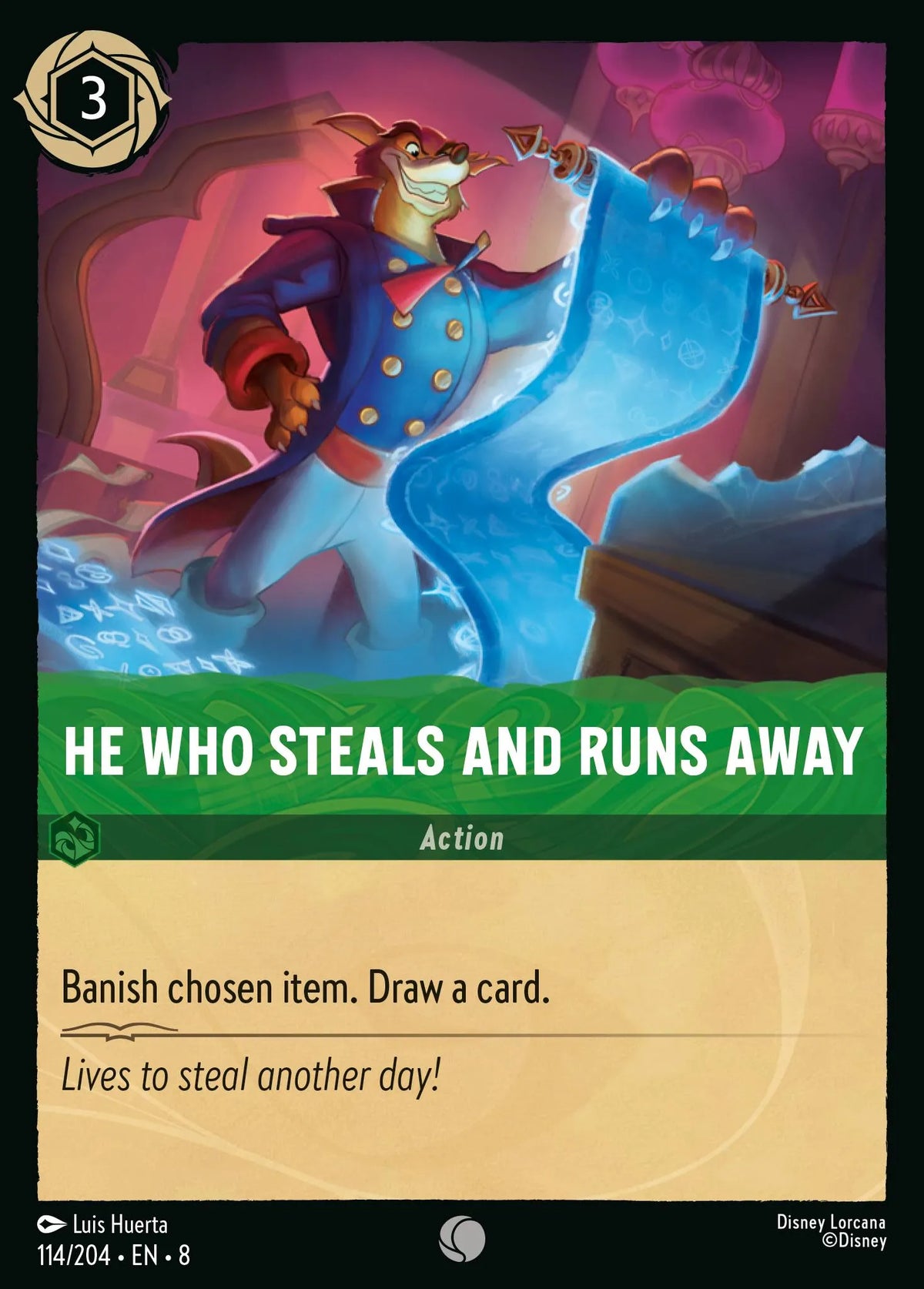 (114/204) Lorcana Reign of Jafar Single: He Who Steals and Runs Away Holo Common