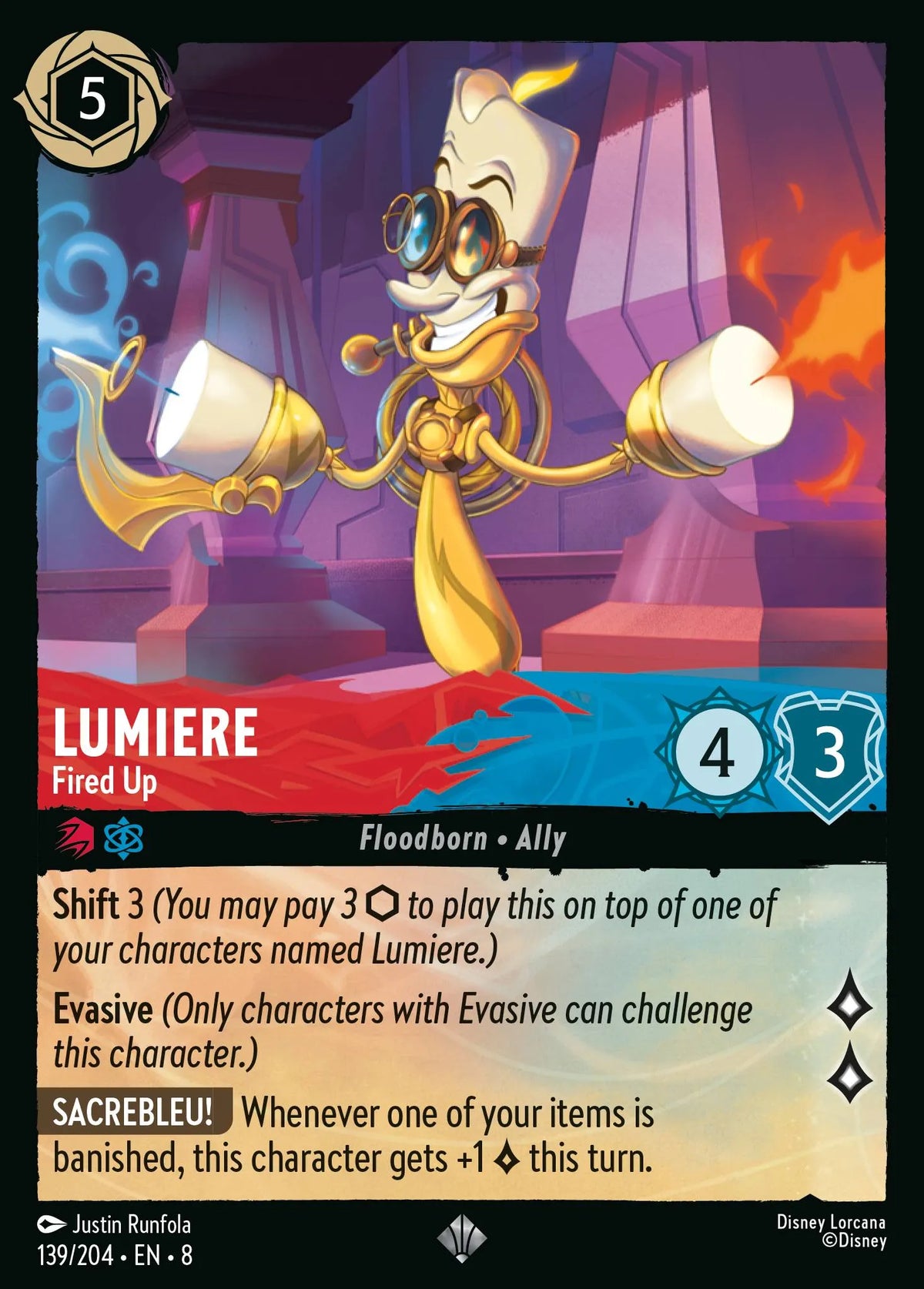 (139/204) Lorcana Reign of Jafar Single: Lumiere - Fired Up Holo Super Rare