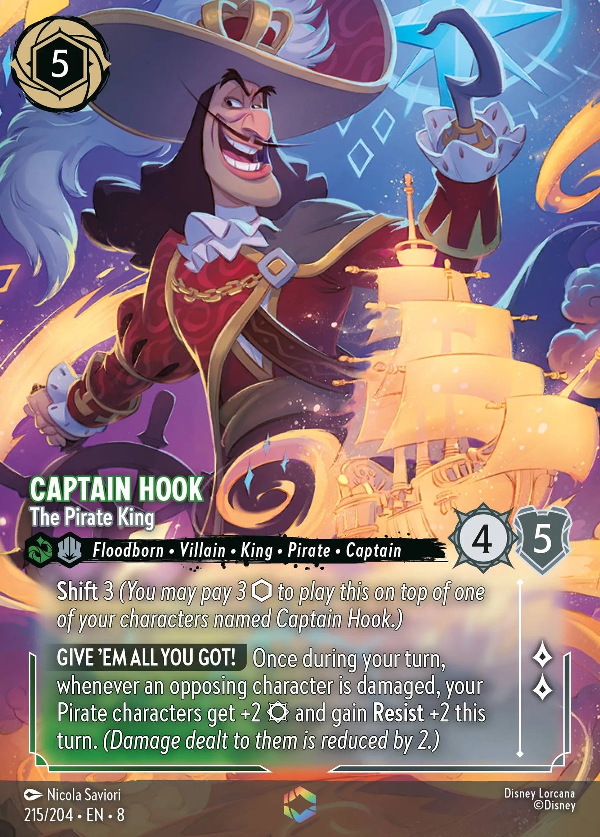 (215/204) Lorcana Reign of Jafar Single: Captain Hook - The Pirate King (V.2) Holo Enchanted