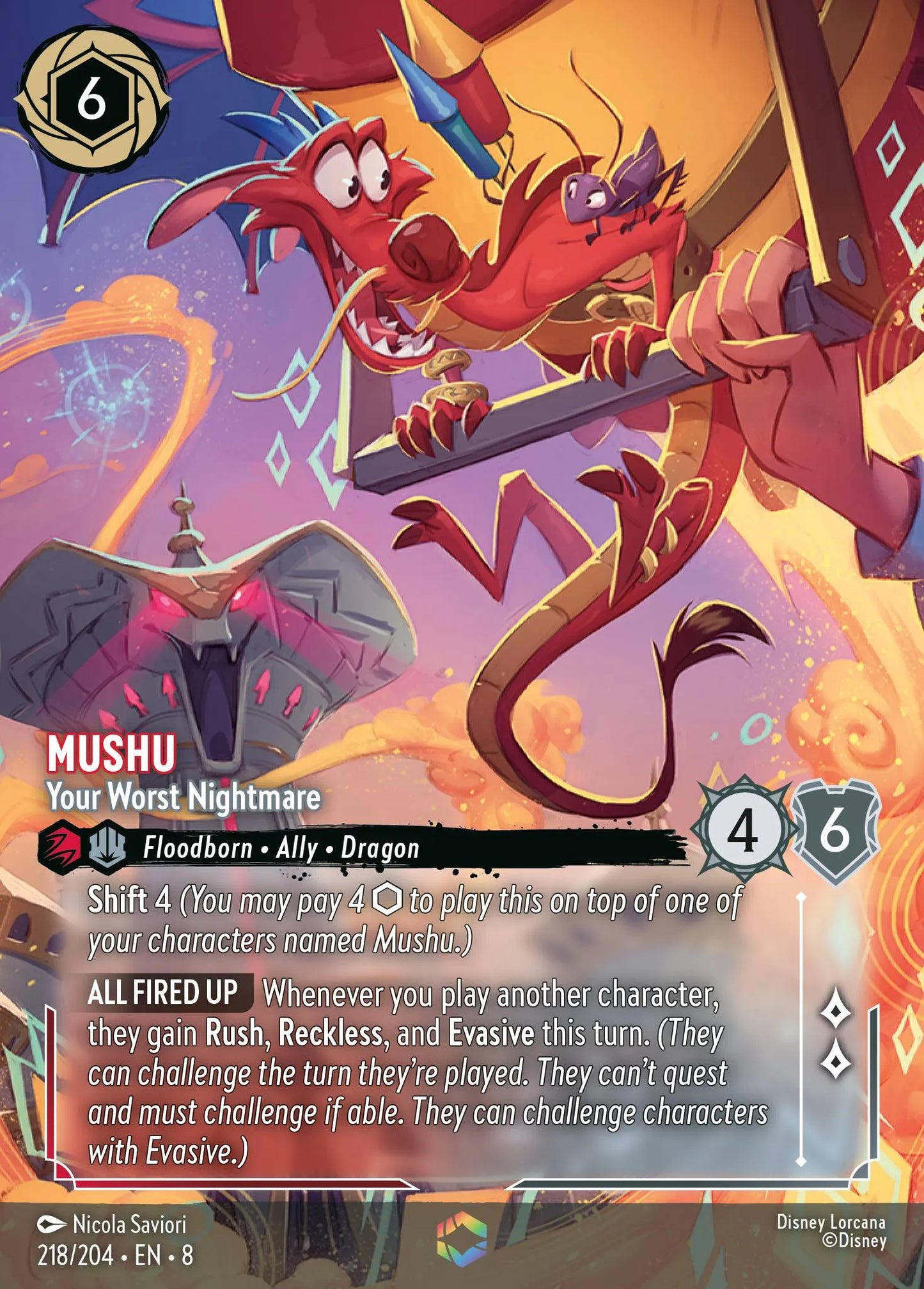 (218/204) Lorcana Reign of Jafar Single: Mushu - Your Worst Nightmare (V.2) Holo Enchanted