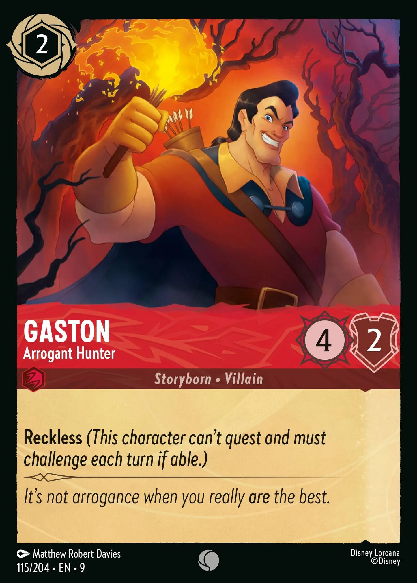 (115/204) Lorcana Fabled Single: Gaston - Arrogant Hunter Holo Common