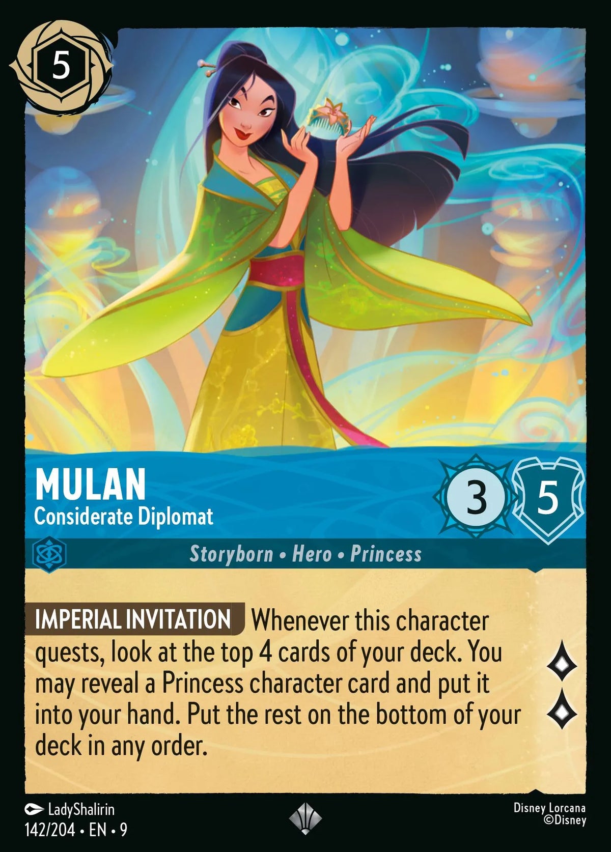 (142/204) Lorcana Fabled Single: Mulan - Considerate Diplomat (V.1) Holo Super Rare