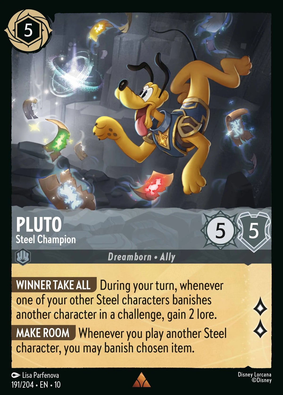 (191/204) Lorcana Whispers in the Well Single: Pluto - Steel Champion Holo Rare