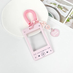 Photocard Holder: Music Player with Spring Cord & Heart Charm: Pink