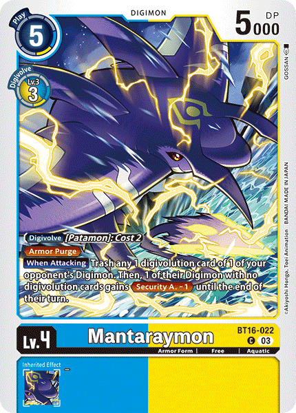 (022) Digimon TCG Beginning Observer Single: Mantaraymon (BT16-022)  Common