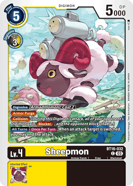 (032) Digimon TCG Beginning Observer Single: Sheepmon (BT16-032)  Common