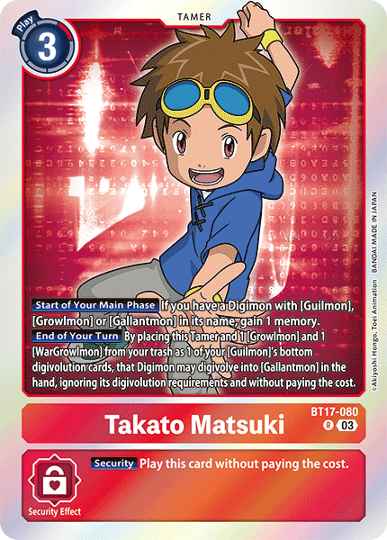 (080) Digimon TCG Secret Crisis Single: Takato Matsuki (BT17-080) (V.1)  Rare