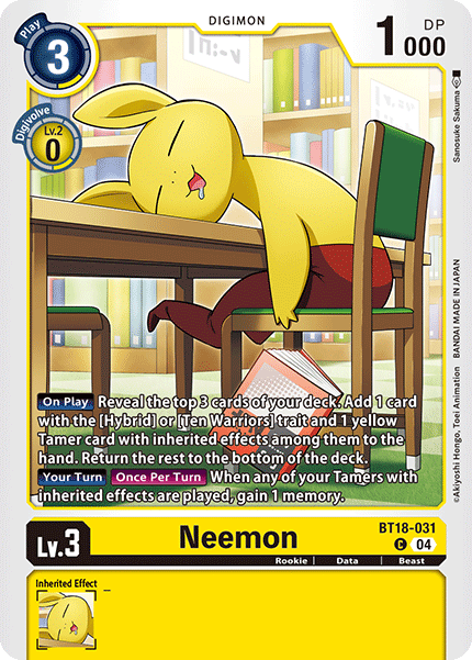 (031) Digimon TCG Special Booster Ver 2.0 Single: Neemon (BT18-031)  Common