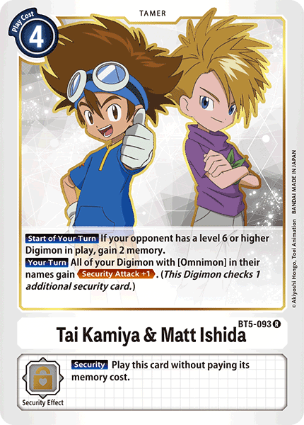 (093) Digimon TCG Battle Of Omni Single: Tai Kamiya & Matt Ishida (BT5-093)  Rare
