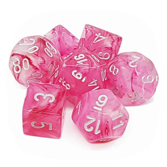 Chessex Translucent Polyhedral 7-Die Set: Ghostly Glow Pink / Silver