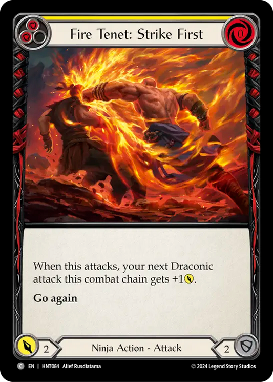 (HNT084) Flesh & Blood TCG The Hunted Single: Fire Tenet: Strike First (Yellow) (Rainbow Foil)  Common
