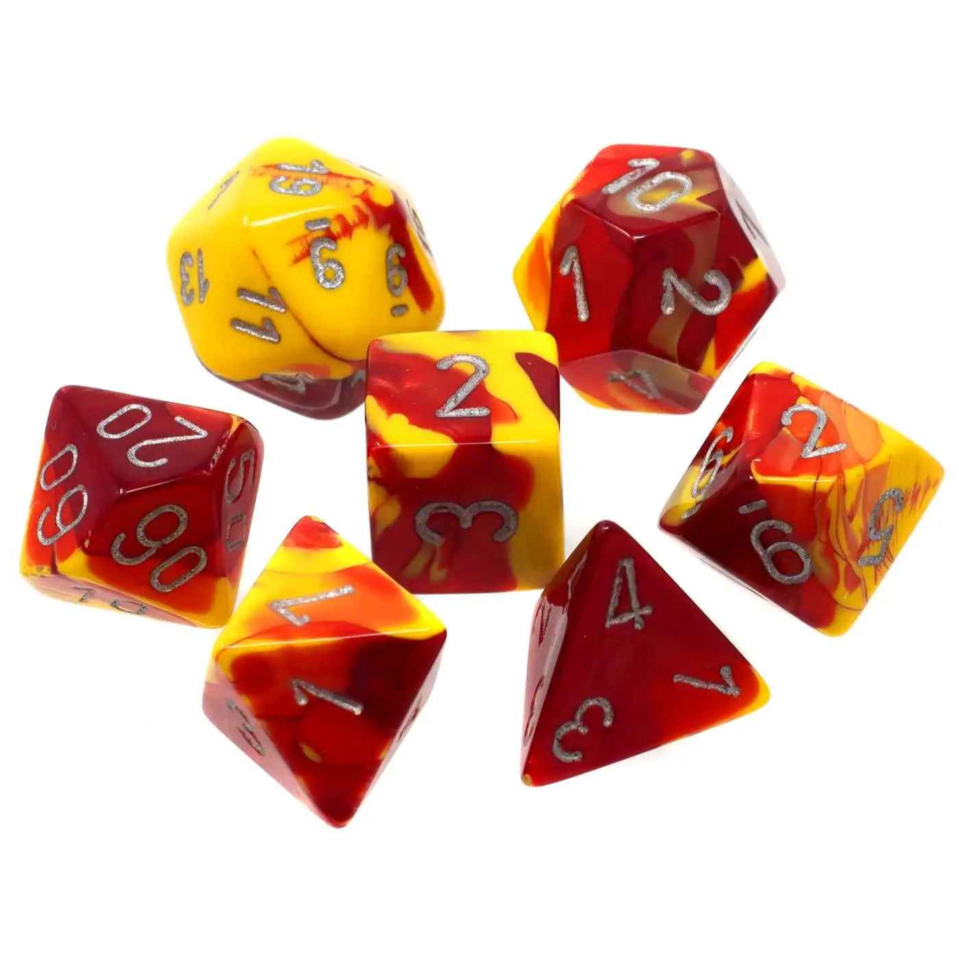 Chessex Translucent Polyhedral 7-Die Set: Gemini Red-Yellow w/Silver