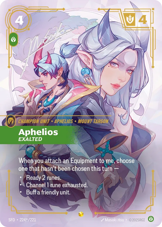 (224*/221) Riftbound TCG Spiritforged Single: Aphelios, Exalted (V.3 - Signed Showcase) Holo Signed Showcase