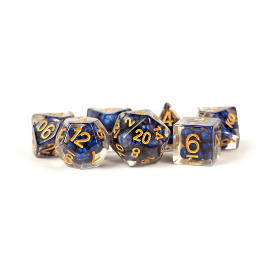 Fanroll: 16mm Resin Polyhedral Dice Set: Pearl Royal Blue w/ Gold Numbers