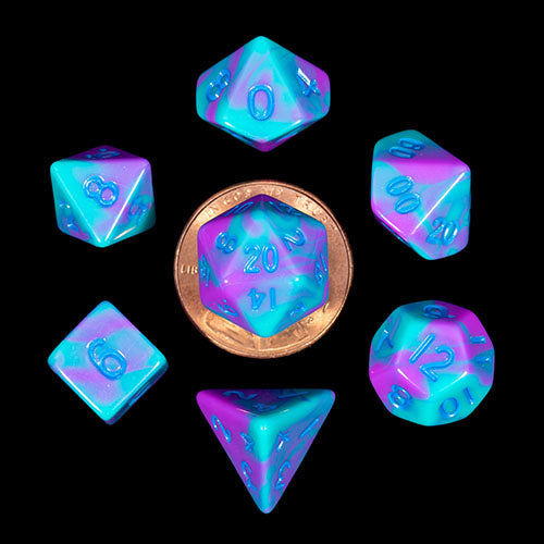 Fanroll - 10mm Mini Polyhedral Dice set - Purple/Teal w/ Blue Numbers