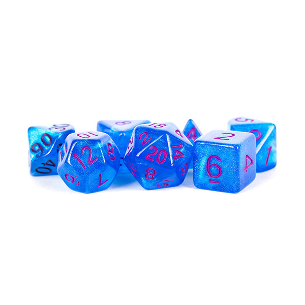 Fanroll: 16mm Acrylic Polyhedral Dice Set: Stardust Blue w/ Purple Numbers