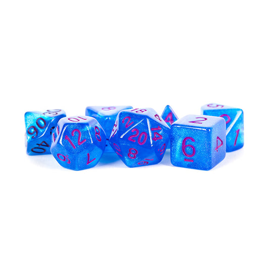 Fanroll: 16mm Acrylic Polyhedral Dice Set: Stardust Blue w/ Purple Numbers