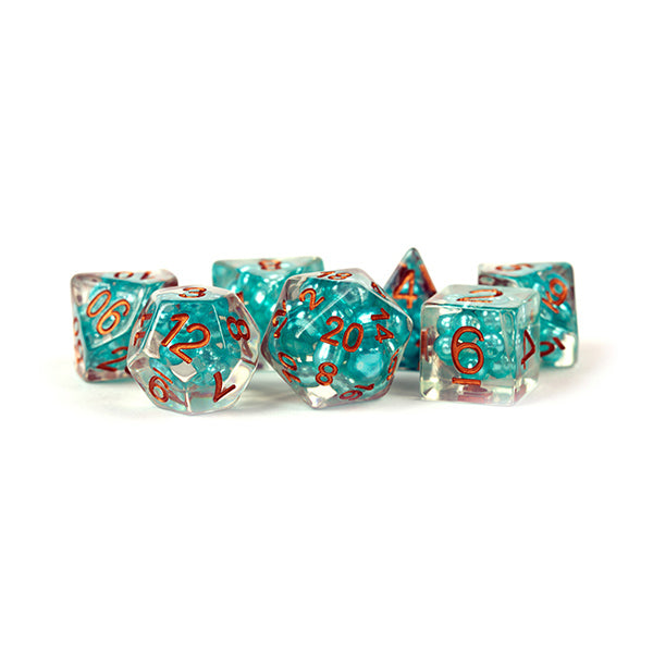 Fanroll: 16mm Resin Polyhedral Dice Set: Pearl Teal w/ Copper Numbers