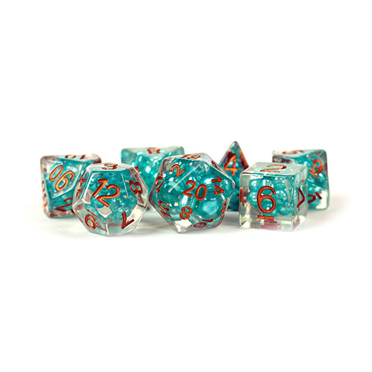 Fanroll: 16mm Resin Polyhedral Dice Set: Pearl Teal w/ Copper Numbers