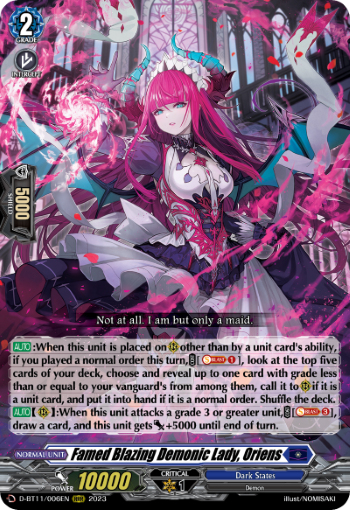 (006) Cardfight Vanguard Clash of the Heroes Single: Famed Blazing Demonic Lady, Oriens [D-Format] (V.1 - Triple Rare)  Triple Rare