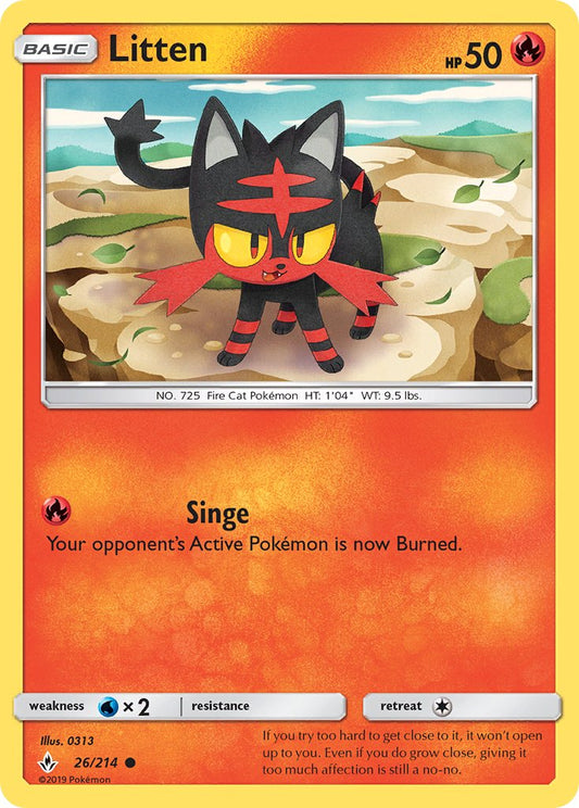 (026/214) Pokemon TCG Unbroken Bonds Single: Litten  Reverse Holo Common