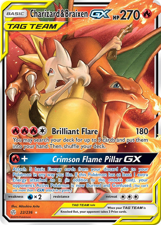 (022/236) Pokemon TCG Cosmic Eclipse Single: Charizard & Braixen GX   Ultra Rare