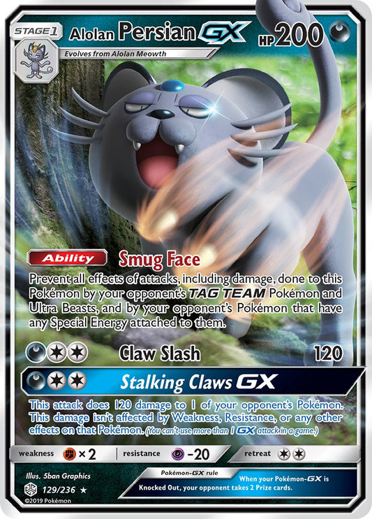 (129/236) Pokemon TCG Cosmic Eclipse Single: Alolan Persian GX   Ultra Rare
