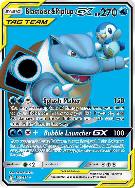 (214/236) Pokemon TCG Cosmic Eclipse Single: Blastoise & Piplup GX   Ultra Rare