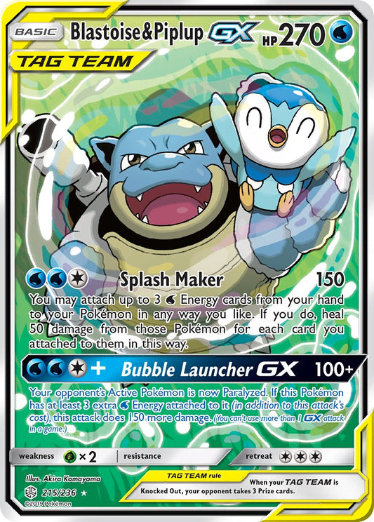 (215/236) Pokemon TCG Cosmic Eclipse Single: Blastoise & Piplup GX   Ultra Rare