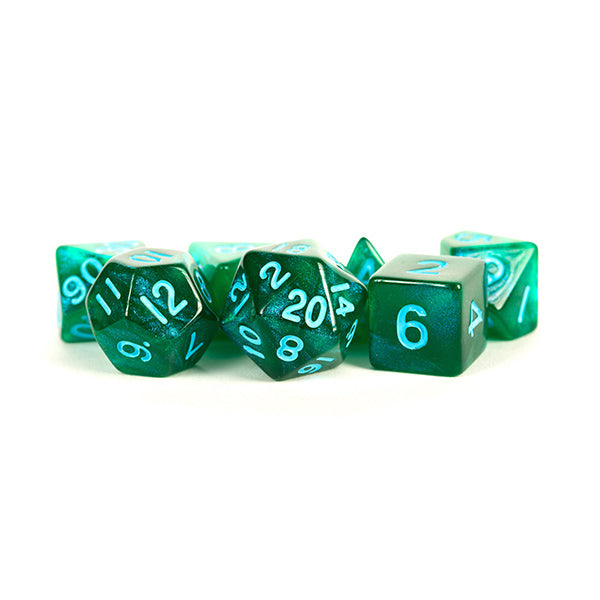 Fanroll: 16mm Acrylic Polyhedral Dice Set: Stardust Green w/ Blue Numbers