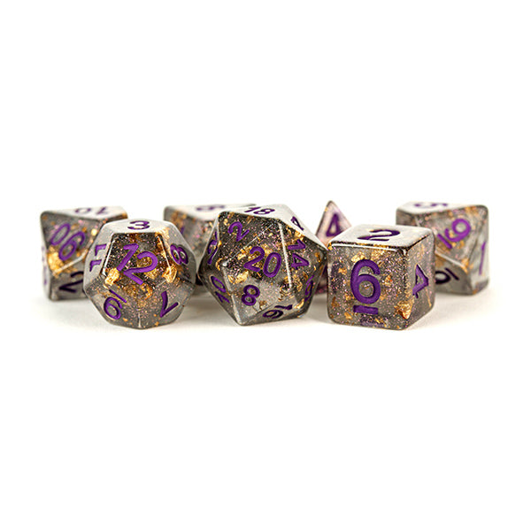 Fanroll: 16mm Resin Polyhedral Dice Set: Grey w/ Gold Foil, Purple Numbers