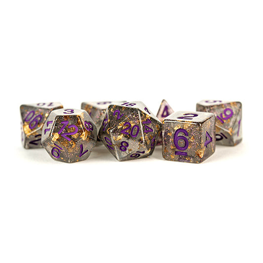 Fanroll: 16mm Resin Polyhedral Dice Set: Grey w/ Gold Foil, Purple Numbers