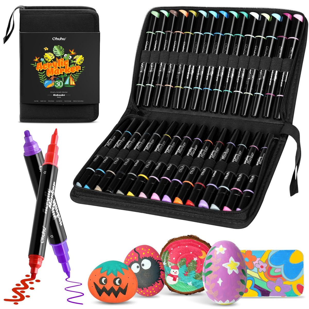 Ohuhu: Kakaako Dual Nib Waterproof Acrylic Pen: 30 Regular Colors (Round & Fine)