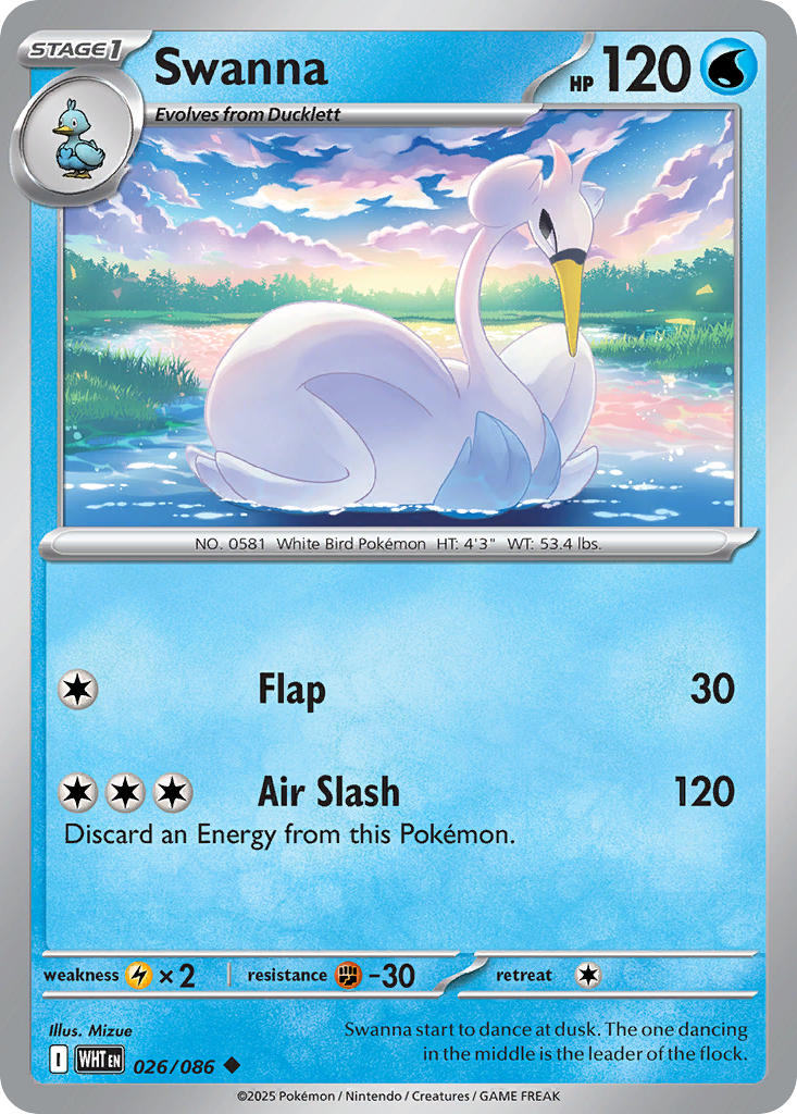 (026/086) Pokemon TCG White Flare Single: Swanna  Reverse Holo Uncommon