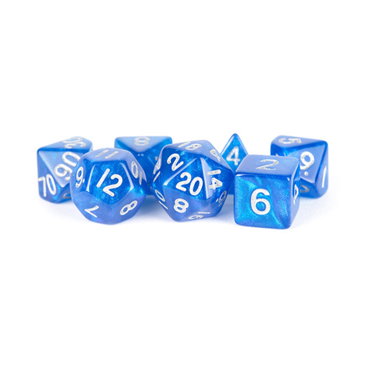 Fanroll: 16mm Acrylic Polyhedral Dice Set: Stardust Blue w/ Silver Numbers
