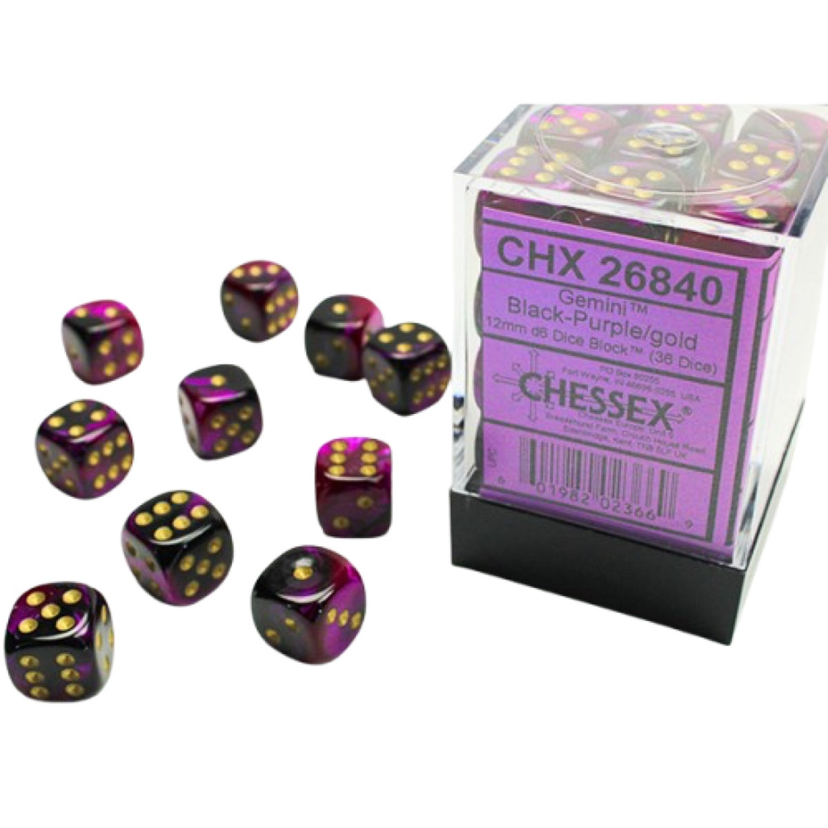 Chessex: Gemini 12mm D6 Dice Block: Black & Purple w/Gold