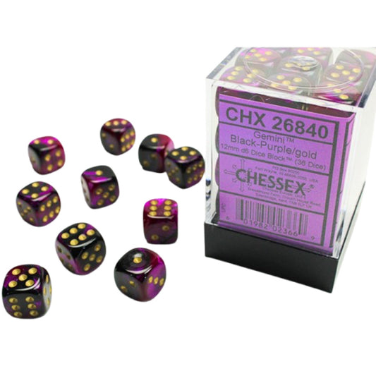 Chessex: Gemini 12mm D6 Dice Block: Black & Purple w/Gold