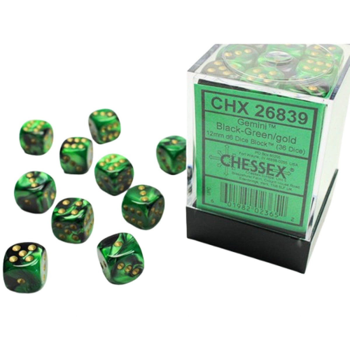 Chessex: Gemini 12mm D6 Dice Block: Black & Green w/Gold