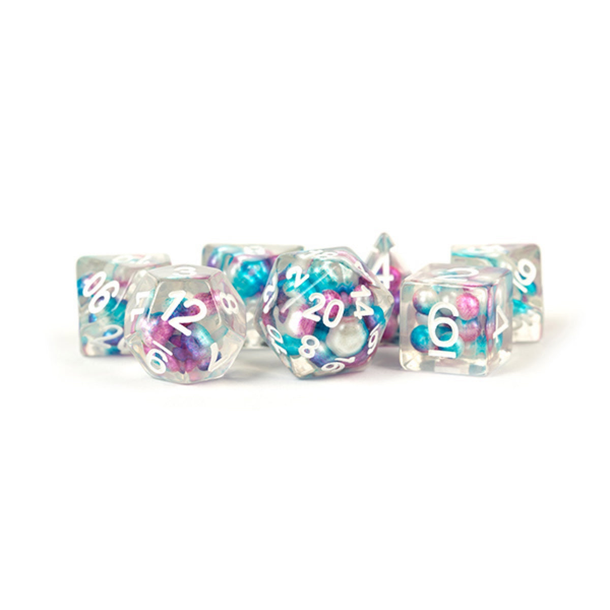 Fanroll: 16mm Resin Polyhedral Dice Set: Pearl Gradient Purple/Teal/White
