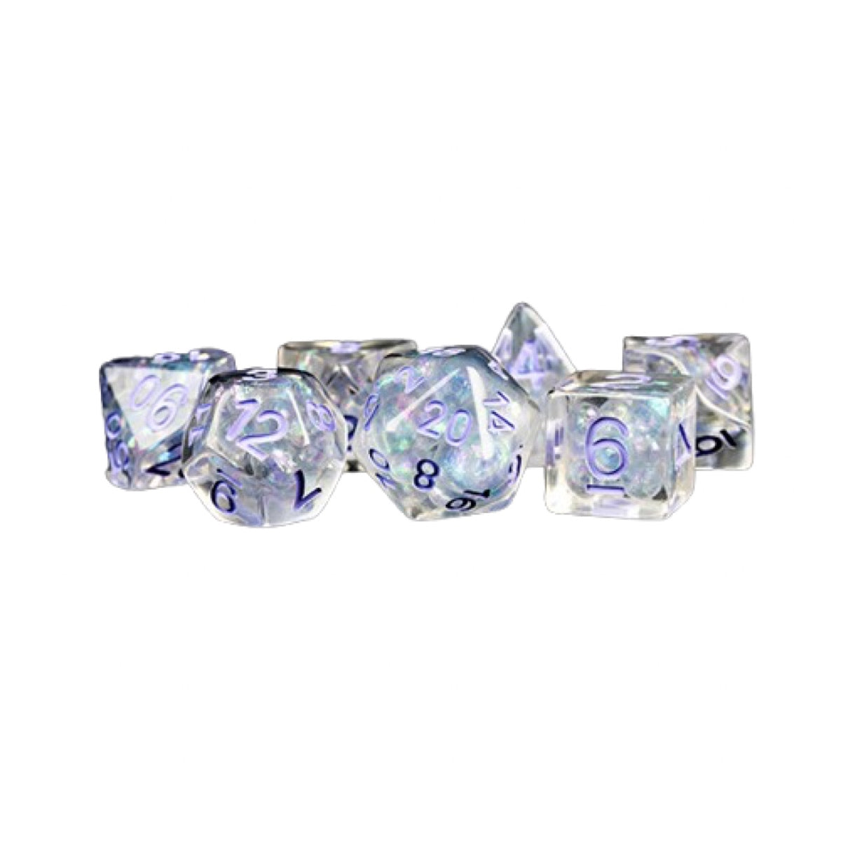 Fanroll: 16mm Resin Polyhedral Dice Set: Pearl with Purple Numbers