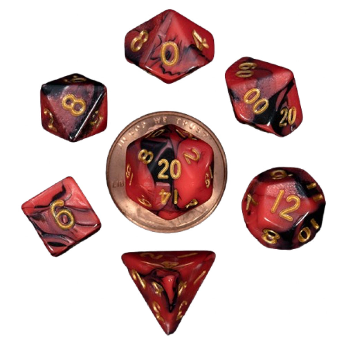 Fanroll: 10mm Mini Polyhedral Dice Set: Red/Black w/ Gold Numbers