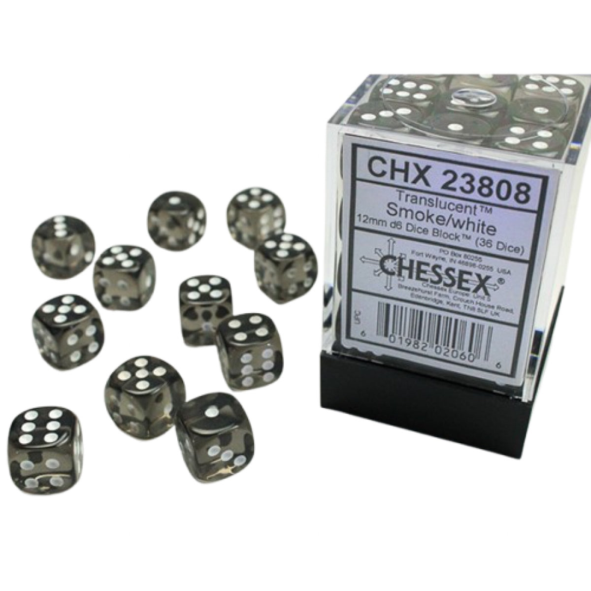 Chessex: Translucent 12mm D6 Dice Block: Smoke w/white
