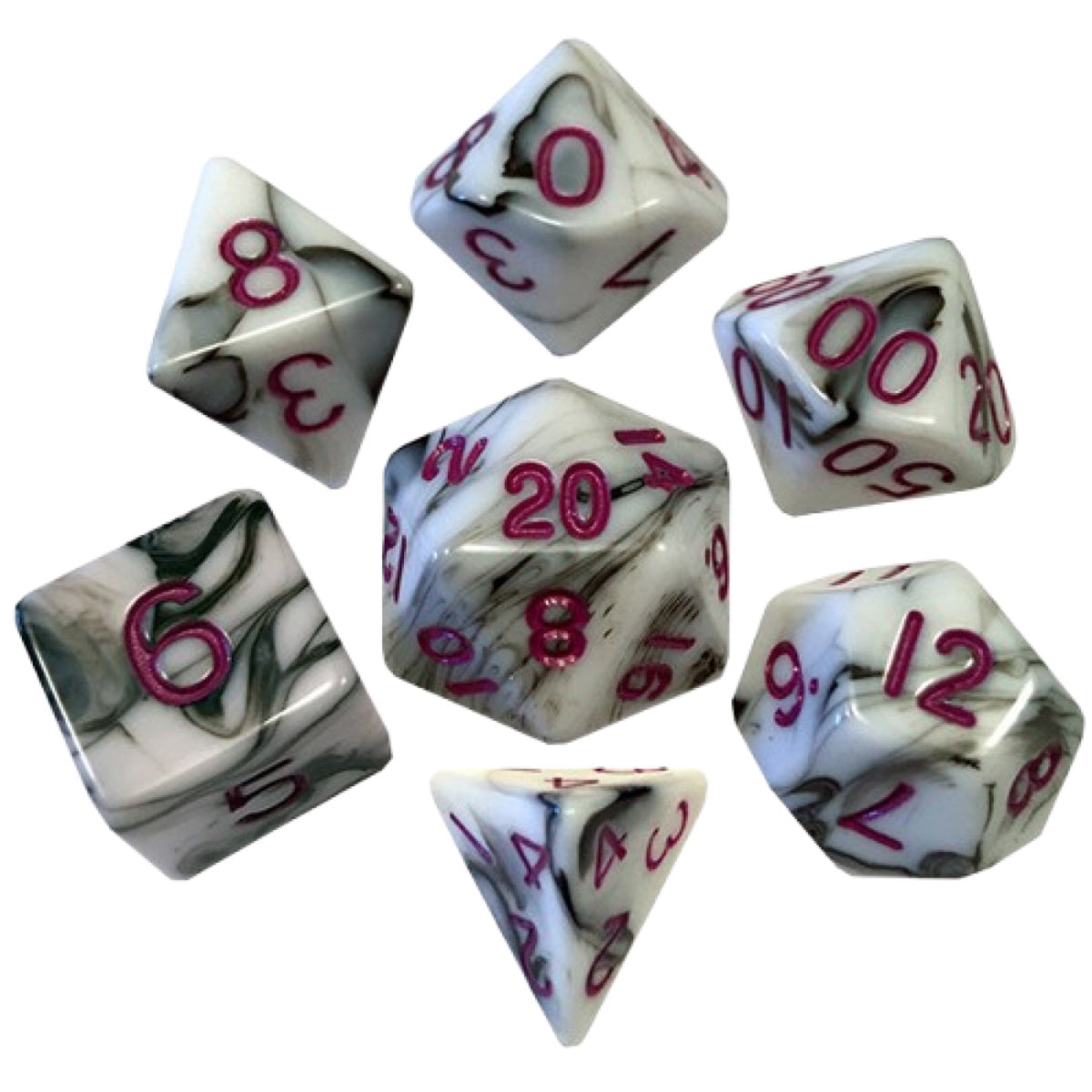 Fanroll: 16mm Acrylic Polyhedral Dice Set: Marble w/ Purple Numbers