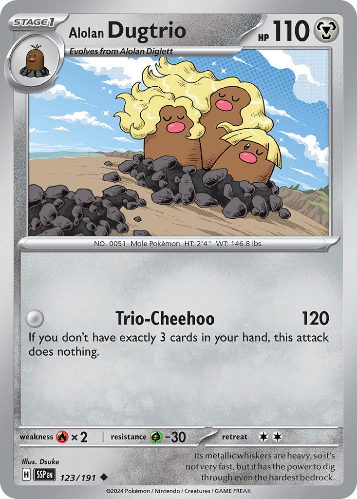 (123/191) Pokemon TCG Surging Sparks Single: Alolan Dugtrio  Reverse Holo Uncommon