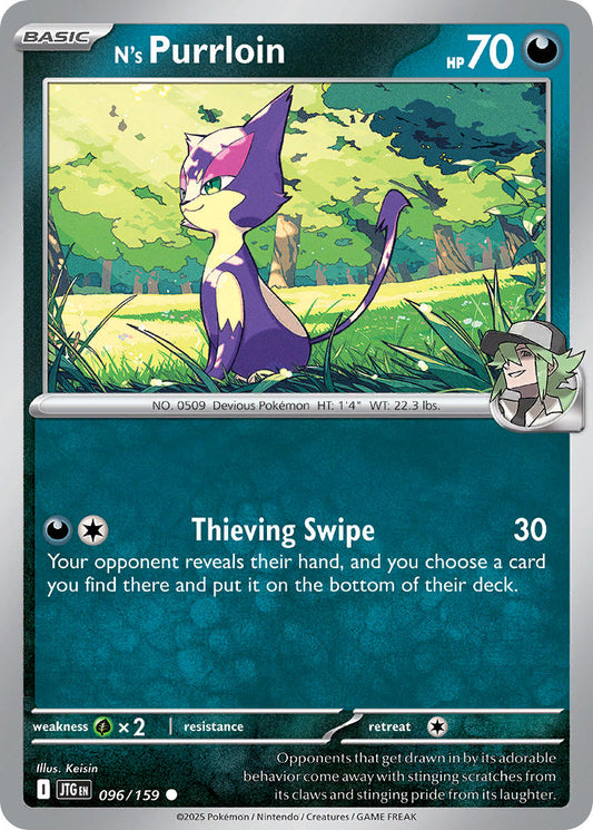 (096/159) Pokemon TCG Journey Together Single: N's Purrloin  Reverse Holo Common