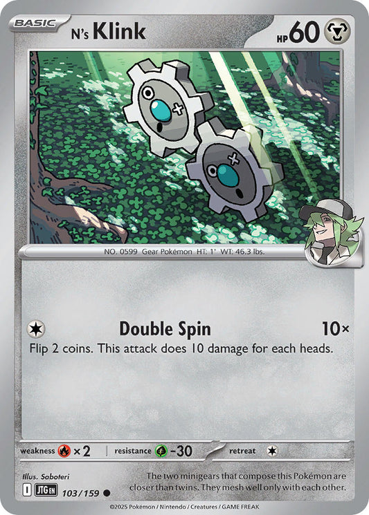 (103/159) Pokemon TCG Journey Together Single: N's Klink  Reverse Holo Common